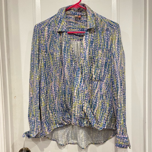 Anthropologie oversized long sleeve overlapping twist front print blouse - Picture 1 of 11